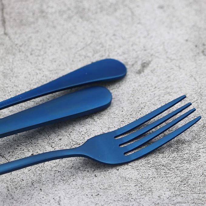 JASHII Matte Silverware Set, 24-Piece Stainless Steel Satin Finish Flatware Service for 6, Kitchen Utensils, Tableware Cutlery for Home and Restaurant (Blue Full)