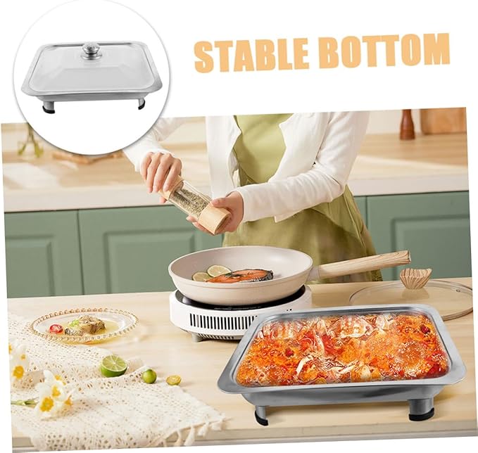 Veemoon Rectangular Stainless Steel Buffet Serving Tray with Lid Chafing Dish for Catering Food Holder and Roasting for Parties and Cafeterias