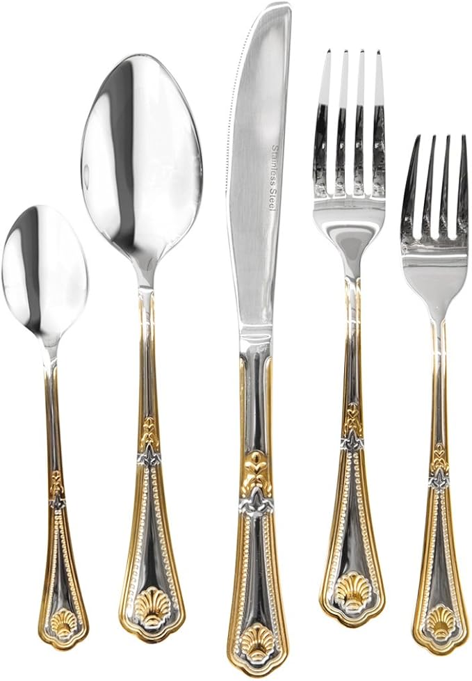 Venezia Collection "Seashell" Flatware Set 20-Piece Service for 4, 18/10 Stainless Steel Silverware Cutlery, 24K Gold Plated Trim