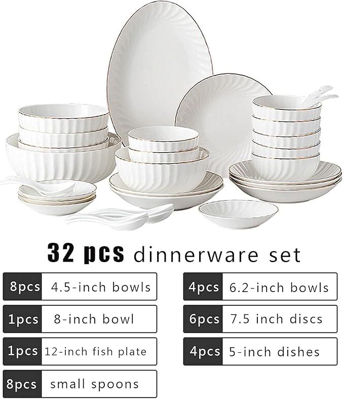 32-Piece White Dinnerware Sets, Modern European Dinner Plate and Bowl Set, Table Service for 6-8, Phnom Penh High-End Tableware Set Microwave Safe, Dessert/Soup/Sal