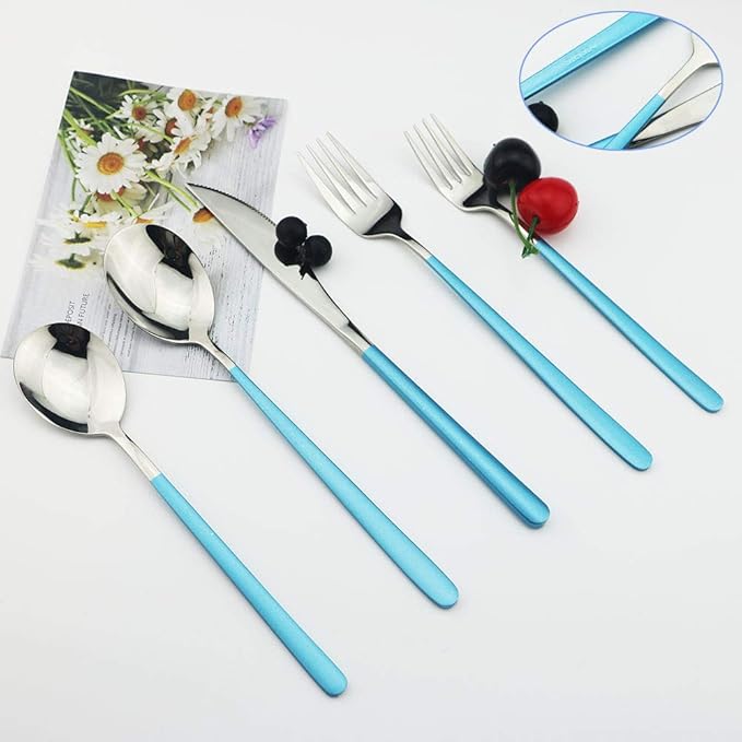 JASHII 20-Piece Silverware Set with Serving Utensils, SUS304 Stainless Steel Flatware Cutlery Set for 4, Eating Utensil Tableware Sets, Mirror Finish(Blue silver)