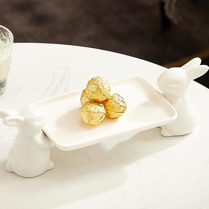 Kichvoe Ceramic Bunny Serving Tray Small White Rabbit Decorative Food Plate for Candy Snacks Coffee Table Organizer and Jewelry Display in Gold and Silver