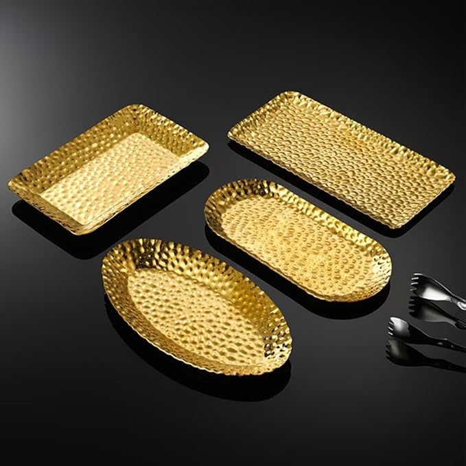 Mini Serving Platter Stainless Steel Serving Tray Hammered Rectangular 7.7 x 3.7 Inch Small Dessert Plates Coffee Table Tray Decorative Plates for Kitchen Party Gold