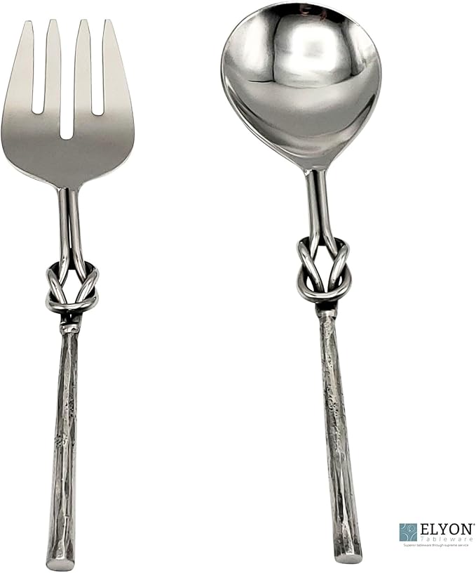 Elyon Reef Knot Reflective Silver Salad Serving Set Indian Artisan Made Hostess Set Hand Forged Stainless Steel 2 Pieces