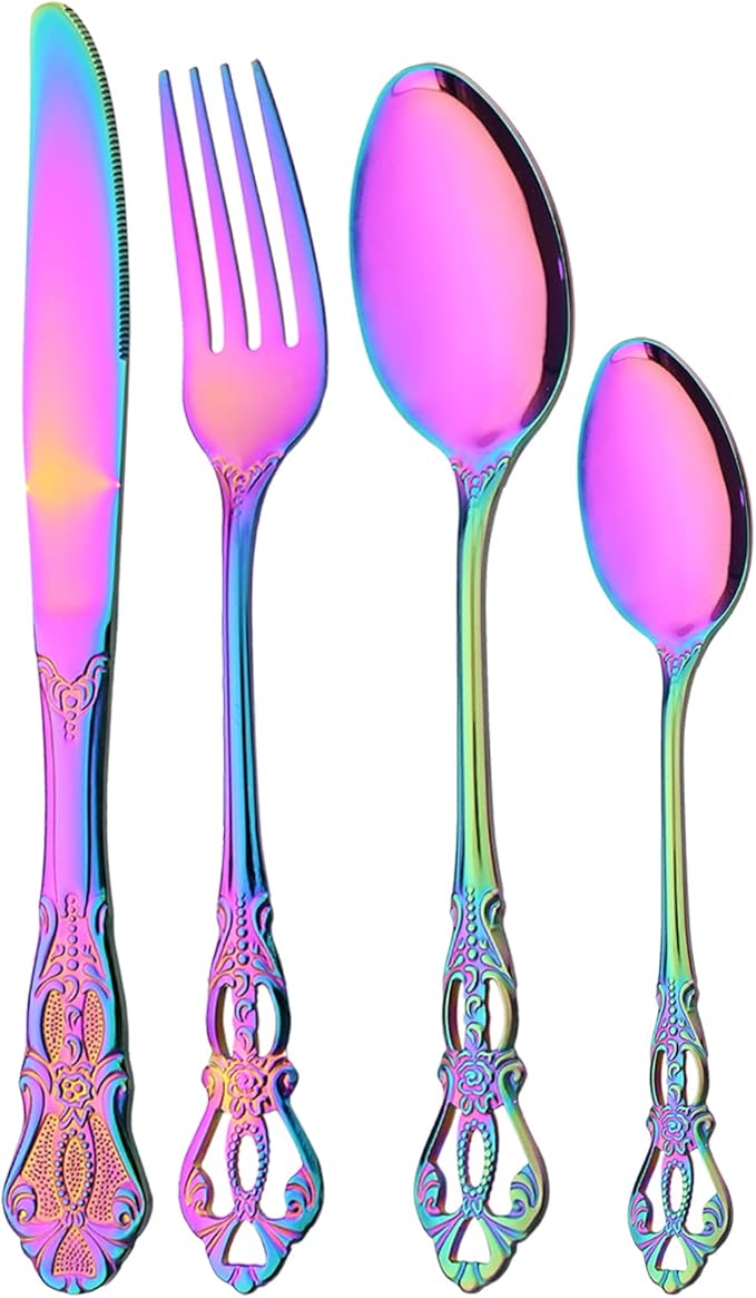 8-Piece Luxury Royal Silverware Set, 18/10 Stainless Steel Rainbow Flatware Set Service for 2, Tableware Cutlery Set Include Forks Spoons Knives, Modern Design & Mirror Polished Dishwasher Safe