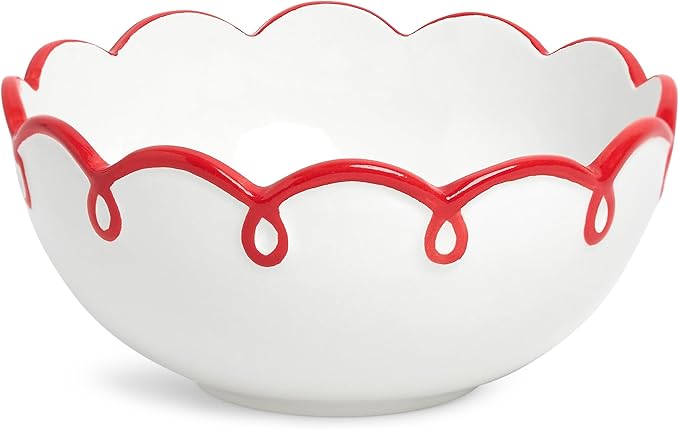 Sango 12-Piece Earthenware Dinnerware Set for 4, Glossy White Plates and Bowls Sets with Red Scalloped Rims, Premium Dish Set, Holiday Dishes for Gifting & Hosting Christmas Party, Splash of Cheers