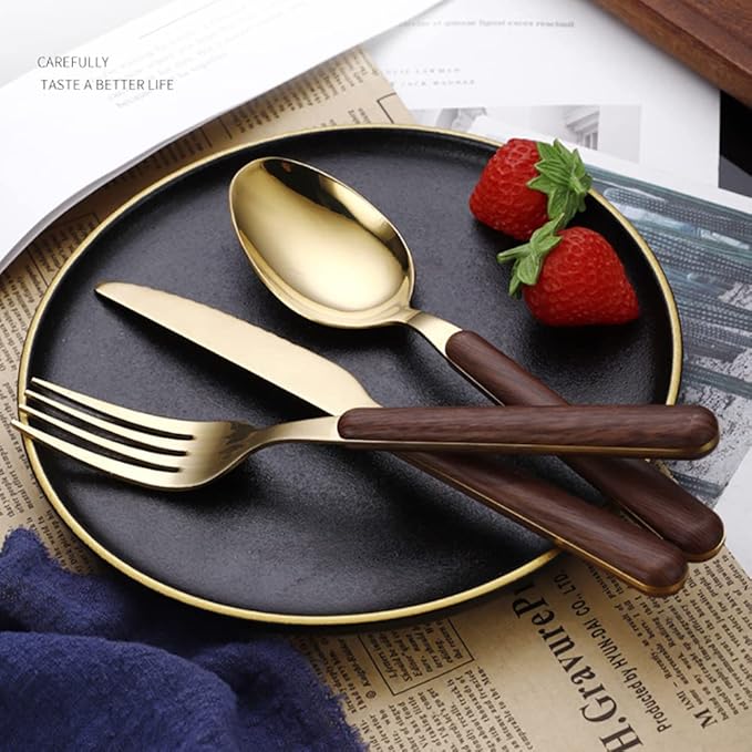 Gold Wood Silverware Set for 12 Durable Stainless Steel Flatware Set 60 Piece Wooden Grain Cutlery Tableware Utensils Set for Home Kitchen Wedding Restaurant Knifes Forks and Spoons