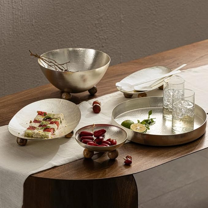 Temari Hammered Silver Round Serving Tray – Elegant Metal Platter for Appetizers, Desserts, Fruit, and Entertaining