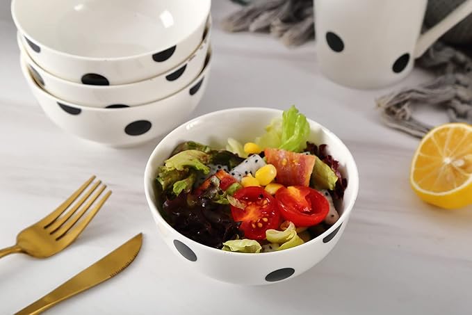 Modern Porcelain 16-Piece Dinnerware Set, Plates and Bowls Set for 4, Black Polka Dot Dinnerware,Dishwasher & Microwave Safe Ceramic Dish Set for Home Dining, Gifts