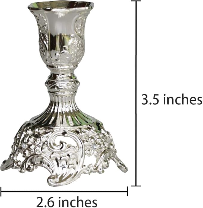 Silver Taper Candle Holders with Deluxe Engraved Design, Set of 2 Premium Metal Silver Candlestick Holders