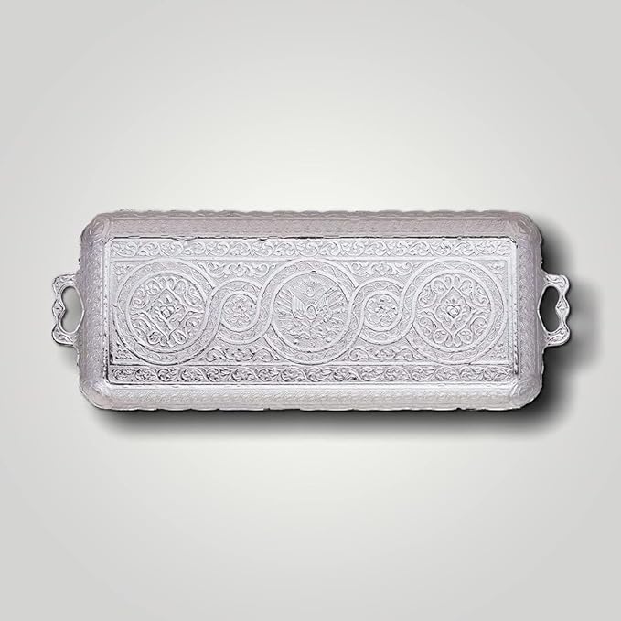 Alisveristime Turkish Ottoman Coffee Tea Beverage Serving Rectangle Tray (Small Tray) (13 INC*5.5 INC) (Silver)