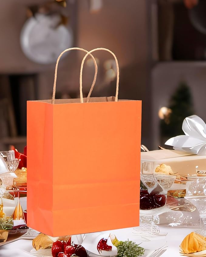 qiqee 100PCS Gift Bag with Handles Bulk Kraft Orange Paper Bags Assorted Sizes (33-Large, 33-Medium, 34-Small)