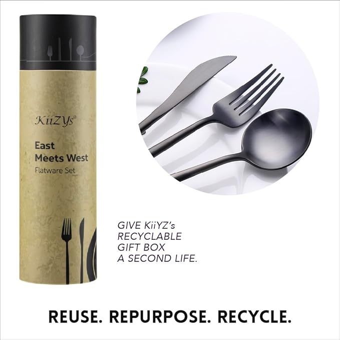 Matte Black KiiZYs Silverware Set - 16-Piece Kitchen Utensil With Korean Chopsticks - Stainless Steel Flatware Cutlery - Spoons, Forks, Knife - Dishwasher Safe - New Home Wedding Gifts (Black, 4 Sets)