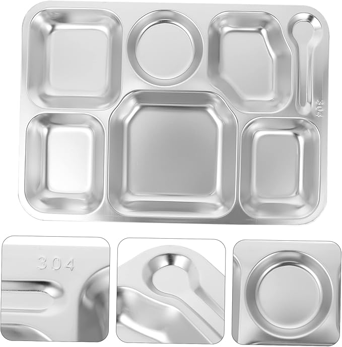 Healifty Stainless Steel Divided Food Serving Tray Sections Compartment Plate for Dining Camping and Picnics Safe and Easy to Clean Eating Plate