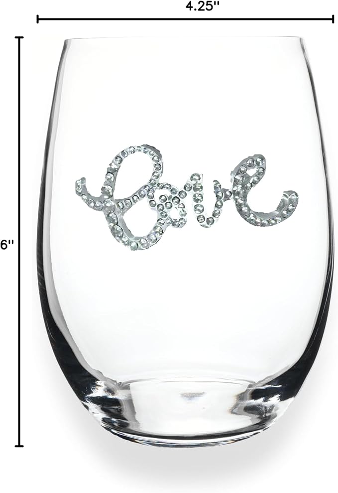 THE QUEENS' JEWELS Love Jeweled Stemless Wine Glass, 21 oz. - Unique Gift for Women, Birthday, Cute, Fun, Not Painted, Decorated, Bling, Bedazzled, Rhinestone