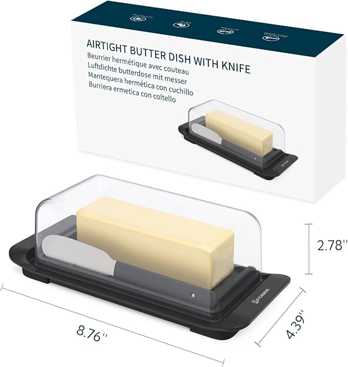 KITCHENDAO Airtight Butter Dish with Lid and Knife, Plastic Butter Dish for Countertop and Refrigerator, Keep Butter Fresh, Easy Scoop-Dishwasher Safe-butter Tray for West/ East Coast Butter, Black
