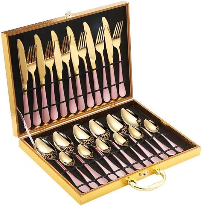 Gift Box 24pcs Set Cutlery Dinnerware 410 Stainless Steel Flatware Set Tableware Suit Dinner Spoon Fork Knife Flatware Serving Sets (Gold + White)