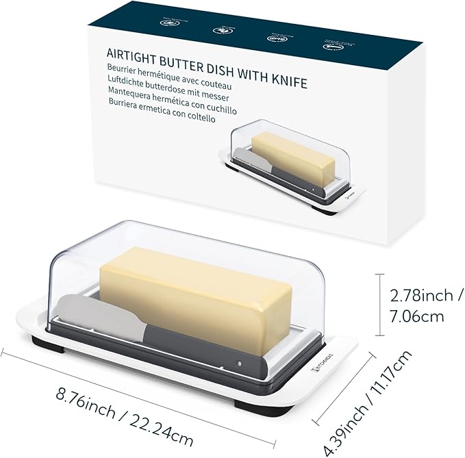 KITCHENDAO Airtight Butter Dish with Lid and Knife Spreader for Countertop and Refrigerator, Keep Butter Fresh, Easy Scoop, Dishwasher Safe, Plastic Butter Keeper Tray for West/ East Coast Butter