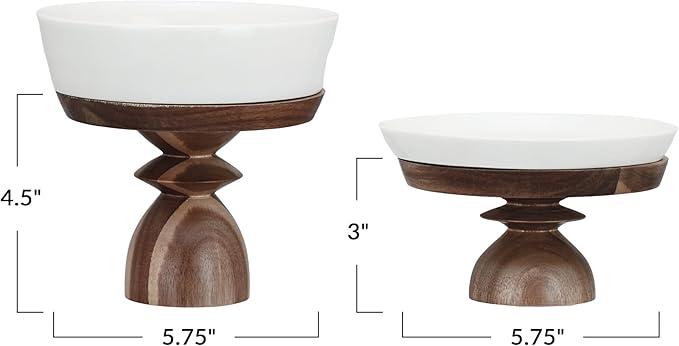 Bloomingville Acacia Wood-Enhanced Stoneware Serving Set, White and Natural, Set of 2