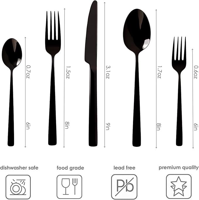 Oxford Silverware Set, 30 Piece Black Flatware Matte Stainless Steel, Service for 6, for Kitchen, Home, Wedding, Party, Mirror Polished Dishwasher Safe