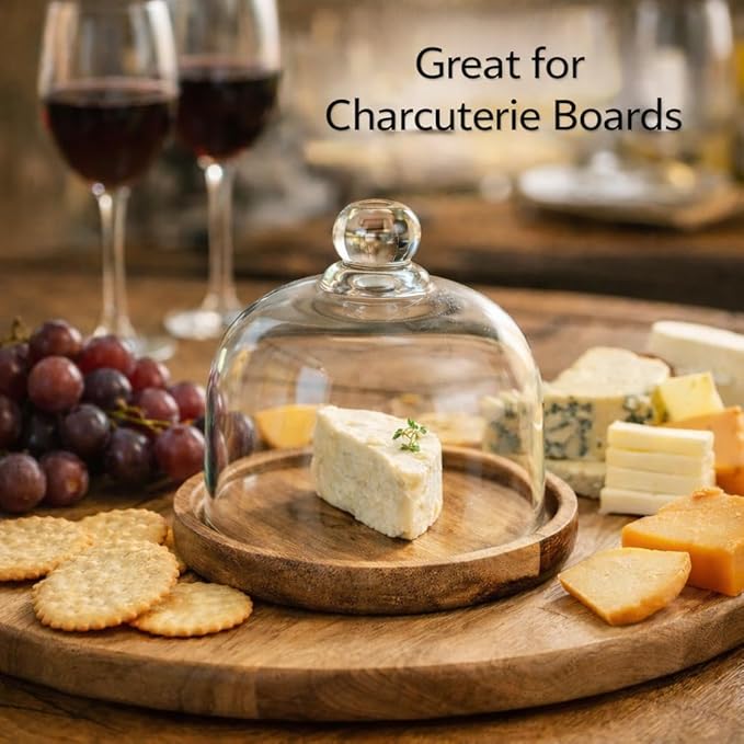Mini Glass Dessert Display Stand with Dome Lid, Round Serving Tray with Clear Glass Cover, Small Cake and Cheese Display for Tabletop Use (light brown)