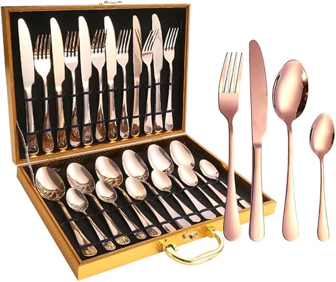Gift Box 24pcs Set Cutlery Dinnerware 410 Stainless Steel Flatware Set Tableware Suit Dinner Spoon Fork Knife Flatware Serving Sets (Blue)