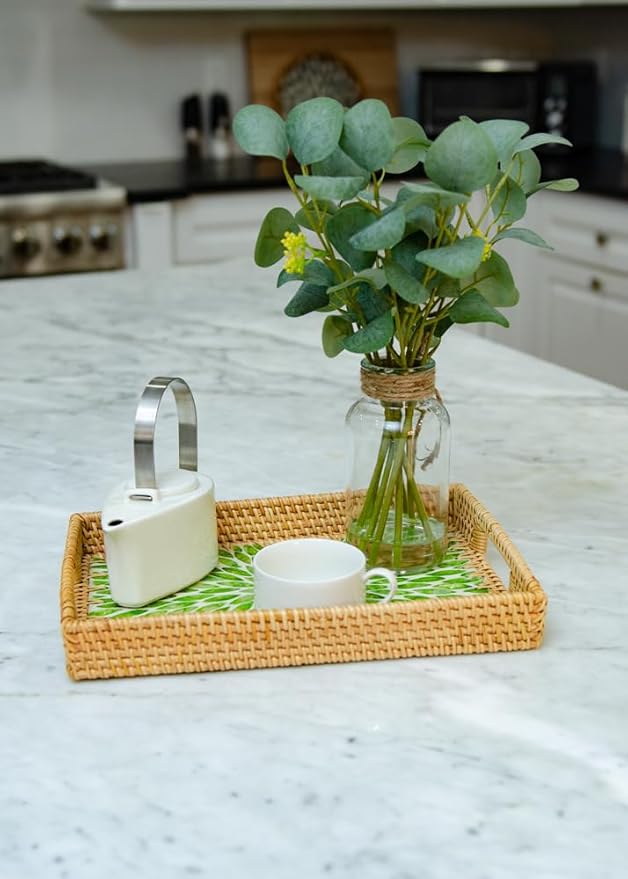 Magenta & Teal Decorative Rectangle Rattan Serving Tray 13x9 inch Mother of Pearl Inlay, Wicker Coffee Table Decor, Farmhouse (Green Petals)