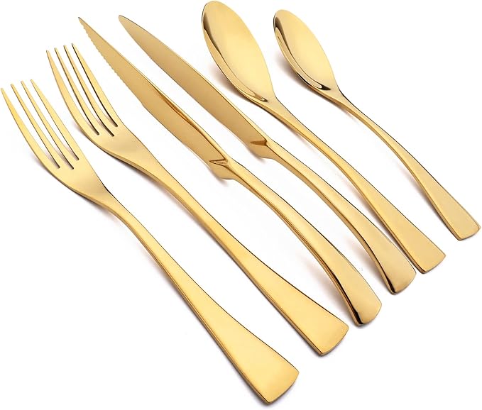 24-Piece 304 Silverware Set, Mirror Polish Serving Flatware Cutlery Set Include Steak Knife Fork Spoon, Wedding Kitchen Restaurant Utensils Daily Use, Service For 4, Gold