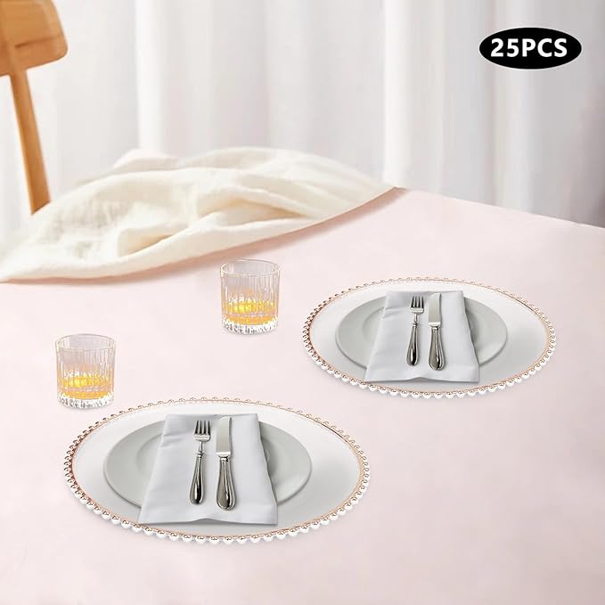 25 Pack Rose Gold Charger Plates – Elegant Round Decorative Plates with Beaded Edge – Clear & Gold Hot-Stamped PS Platters for Weddings, Parties, Banquets – Stackable, Reusable