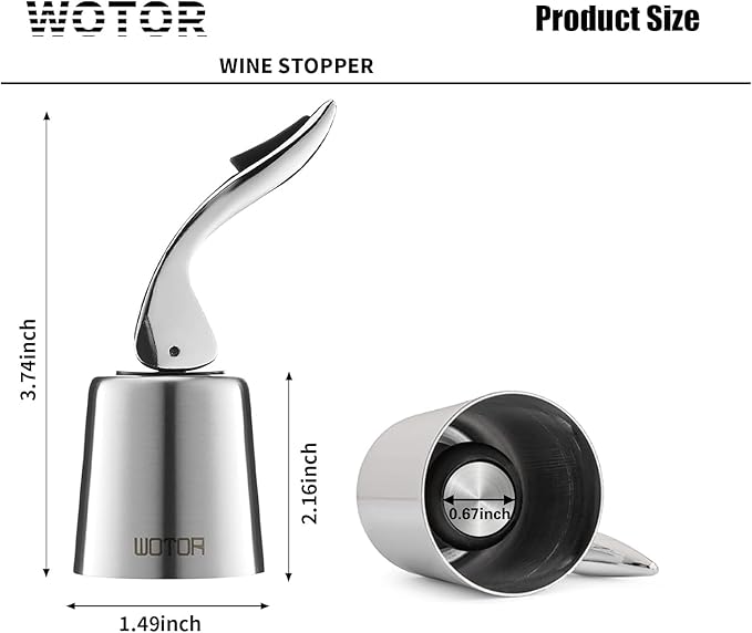 WOTOR Stainless Steel Wine Bottle Stoppers with Silicone - Reusable Wine Saver and Decorative Bottle Sealer, Leakproof, Keep Fresh, Silver, 2 Pack