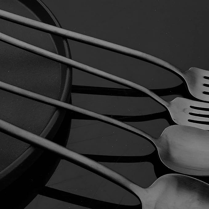 JASHII Modern Design 304 Stainless Steel 5.3" Tea Fork Set,3 prong Small Cake Fruit Forks and 5.4" Coffee Spoons Frosted Handle for Coffee Ice Cream Sugar Parties Events Wedding - Black