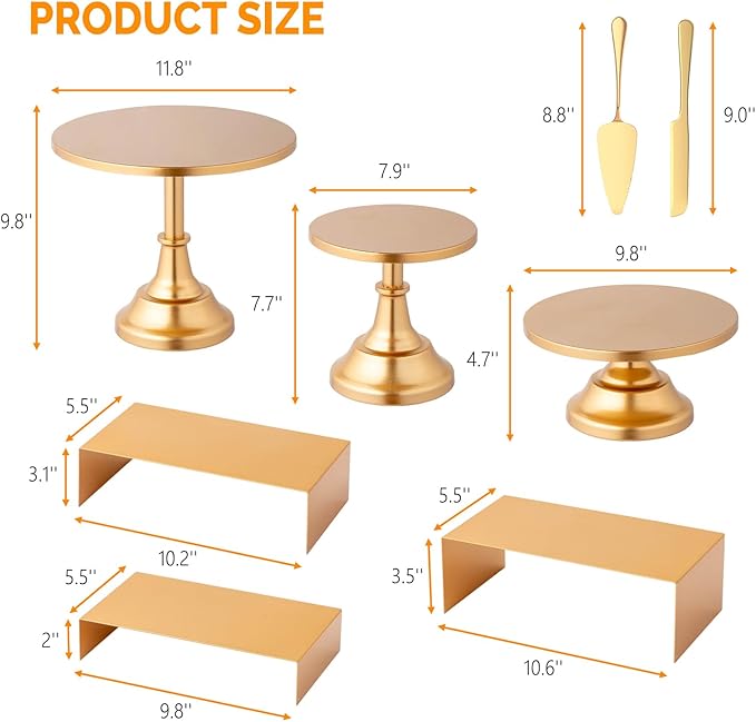 ROVSUN 8PCS Gold Cake Stand Set, Dessert Table Display Set, Metal Cupcake Tower Stand, Fruit Candy Donut Risers Stands with Serving Tongs Cutting Knife for Wedding Birthday Party Baby Shower