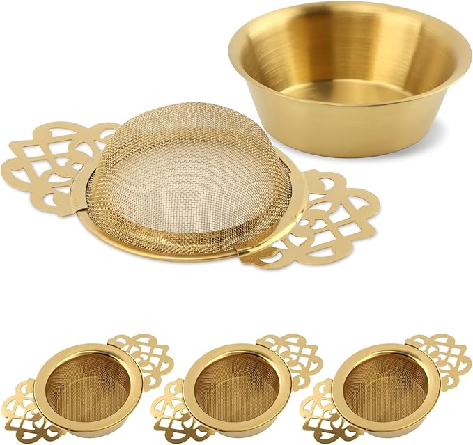 4 Pack Tea Strainer Bowl,Stainless Steel Tea Strainer Bowl, Fine Mesh Fil-ter with Drip Bowl & Winged Handles for Loose Tea/Coffee, Fits 2.5-4 Inch Cup Mouth(COLOR:Glod)