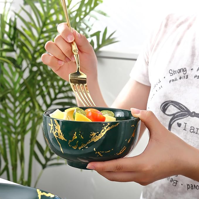 Modern Porcelain 16 Piece Green Dinnerware Set,Plates and Bowls Sets,Gold Dish Set for 4,Green Dinnerware Set,Dinner Sets with Dinner Plates.