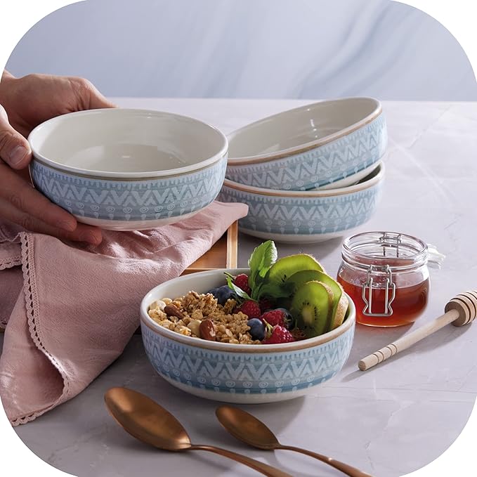 Corona 12-piece Blue Tribal Hand-Painted Details Ceramic Dinnerware Sets | Plates and Bowls | Service For 4 | Congo