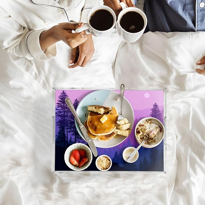 Serving Tray with Handles Clear Acrylic Tray 12x16 Inch Decorative Rectangular Tray Organizer for Ottoman Coffee Table Bathroom Purple Stag Mountains and Forest