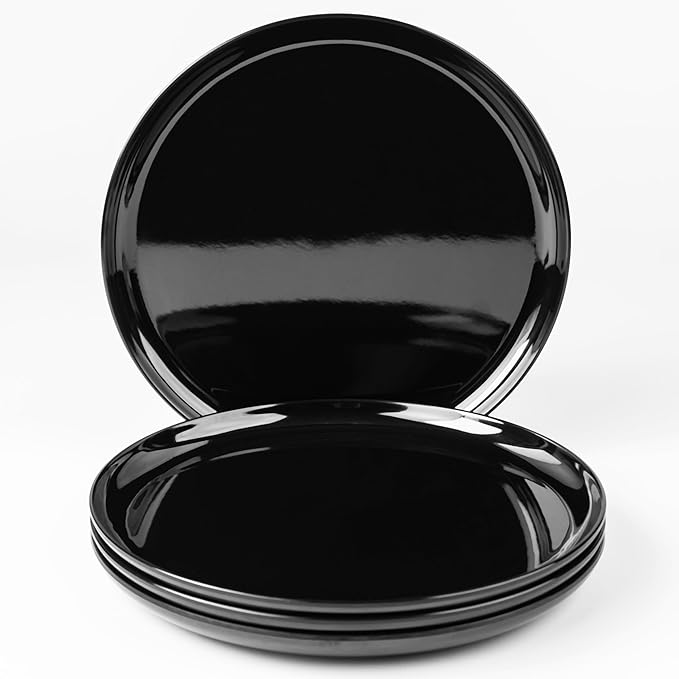 ONEderful 11 Inch Melamine Dinner Plates Set of 4 - Black Modern Flat Plates, Durable & Lightweight Catering Dishes for Parties, Picnics, Holidays, Dishwasher Safe (Black)