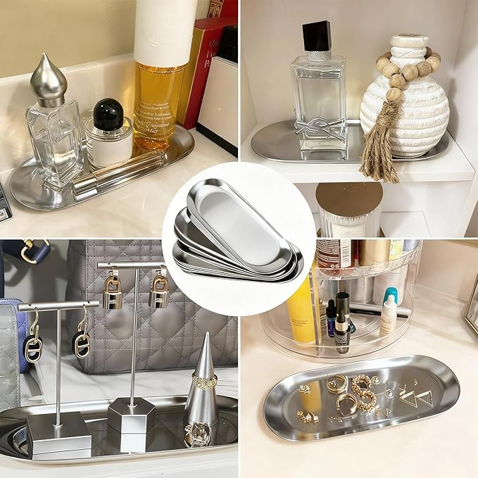 10 Pack 9 Inch Oval Stainless Steel Decorative Tray, Stainless Steel Tea Fruit Tray, 9 inch Silver Oval Trays for Bathroom Vanity, Jewelry, Perfume & Key Organizer (Silver)