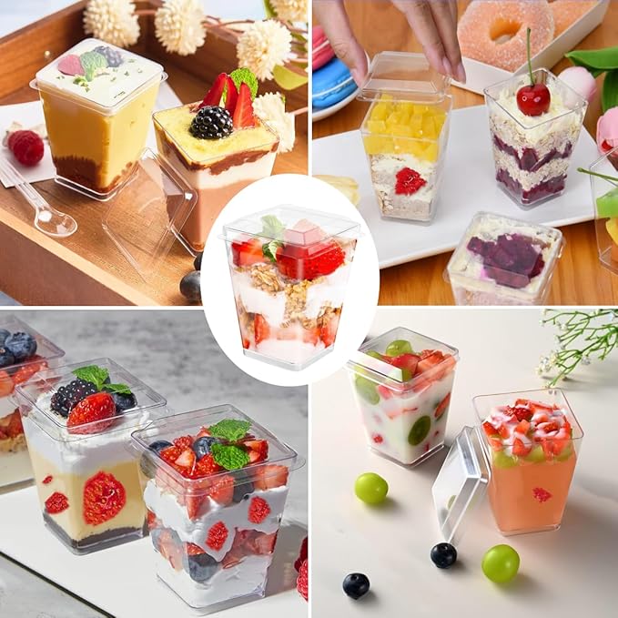 150ml/5oz Clear Dessert Cups with Lids and Spoons, 50Pcs Reusable Square Dessert Cups, Mini Transparent Appetizers Serving Bowl for Desserts Mousses,Puddings,Party