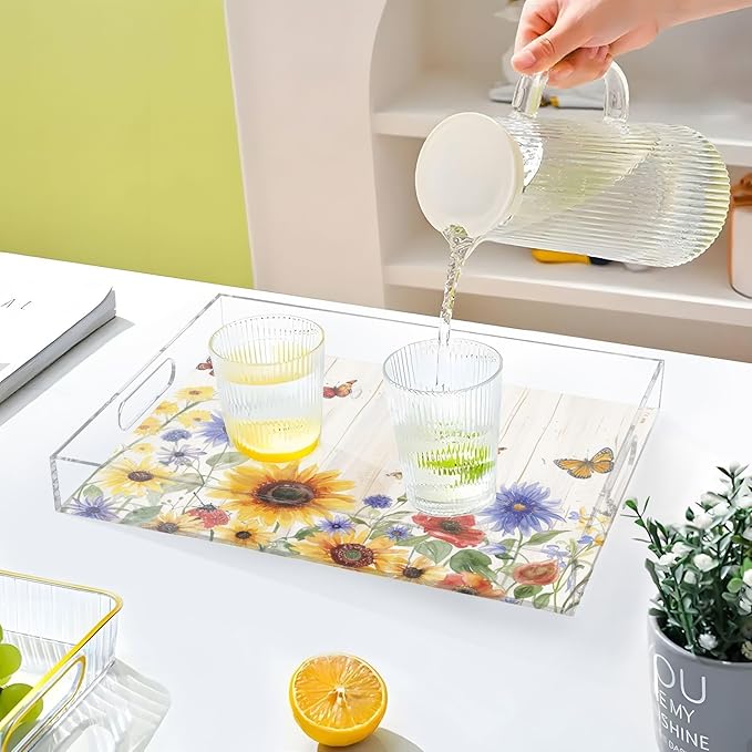 Serving Tray with Handles Clear Acrylic Tray 12x16 Inch Decorative Rectangular Tray Organizer for Ottoman Coffee Table Bathroom Watercolor Cornflower Butterfly