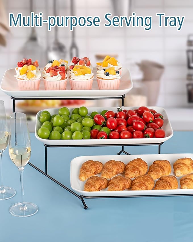 Delling Large 3 Tier Serving Tray Set, 16 Inch Porcelain Tiered Serving Trays Platters with Collapsible Serving Stand, Suitable for Dessert Table Display Set, Serving Dishes for Entertaining