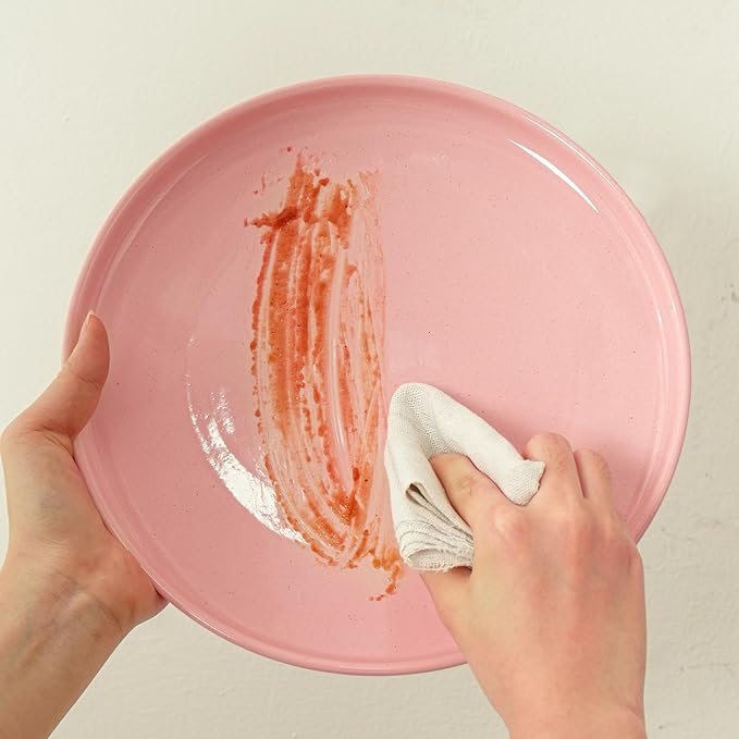 10.25-Inch Dinner Plates Set of 4, Dual Glaze Stoneware Plates, Microwave and Dishwasher Safe, Ceramic Plates for Everyday Dining, Pink