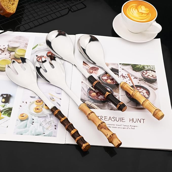 JASHII 4-piece Stainless Steel Flatware Cutlery Serving Set Silverware Knife Fork Spoon Set Black Bamboo Handle Dishwasher Safe for Dinner Buffet