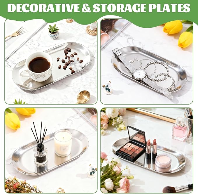 10PCS Stainless Steel Serving Tray Set Silver Platters for Serving Food Extra Small Metal Trays Decorative 7" Long Plate Oval Storage Tray Thickened Serving Dishes for Party Buffet Sushi Snack