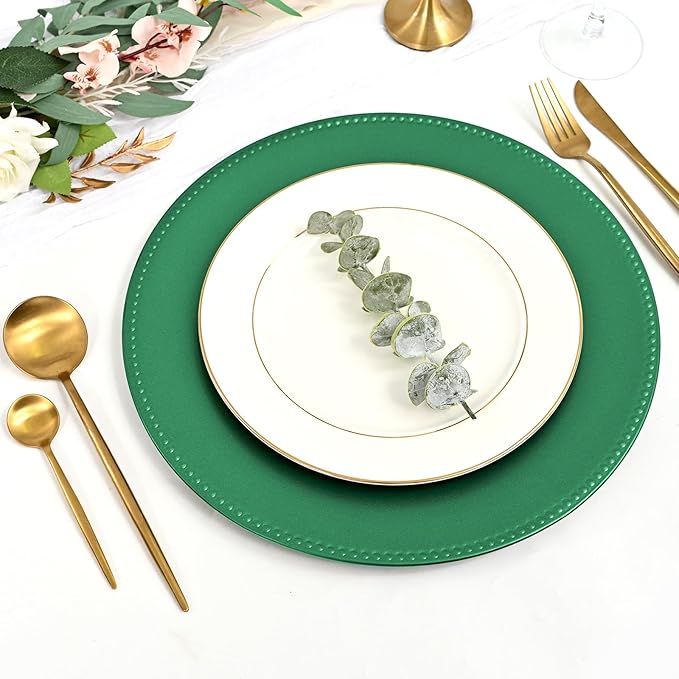 24 Pcs Green Dinner Plates, 13" Round Beaded Decorative Chargers for Wedding, Holiday, Baby Shower Events (Green)