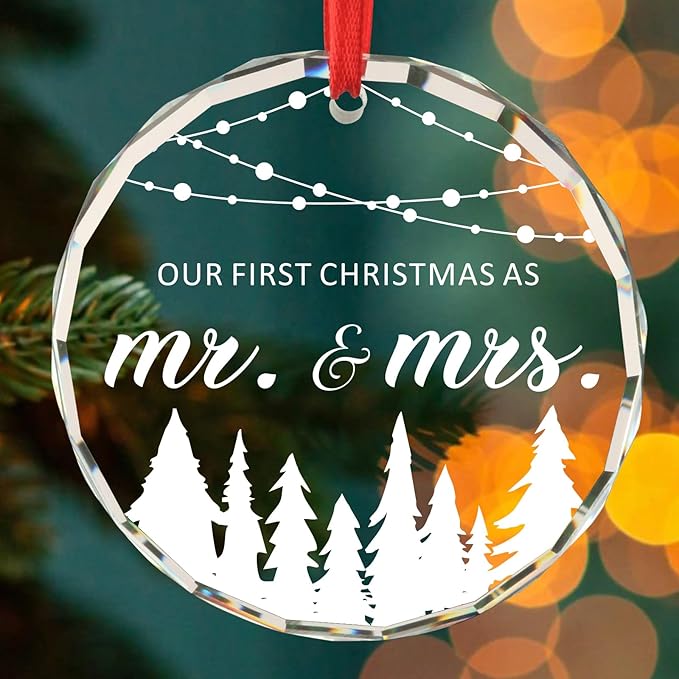 Wedding Gifts for Newlywed Couple Bridal Shower Gifts for Bride 1st Christmas Married Mr and Mrs Gift Just Married Gift for Her Christmas Tree Decoration Glass Round Ornament