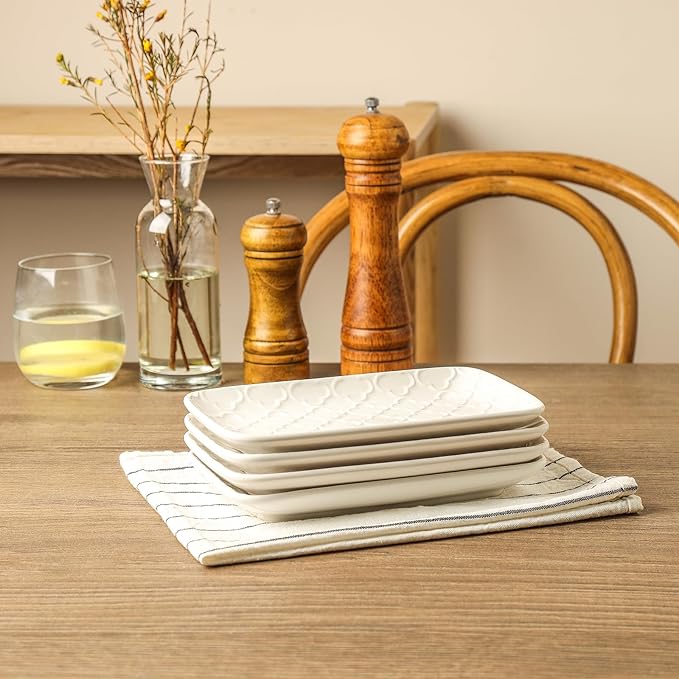 Sureasy Ceramic Salad Plates, Rectangular Appetizer Plates 8 inch, Small Serving Plates for Entertaining, Small Dinner Plates Set for Dessert, Sushi, Embossed Porcelain Dish, Set of 4, White