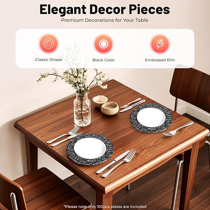 100 Pcs Antique Charger Plates Bulk Round Plastic Dinner Plate Embossed Rim Server Plate Decorative Chargers Floral Plates for Dinner Parties Wedding,13 Inch (100pcs-Black)
