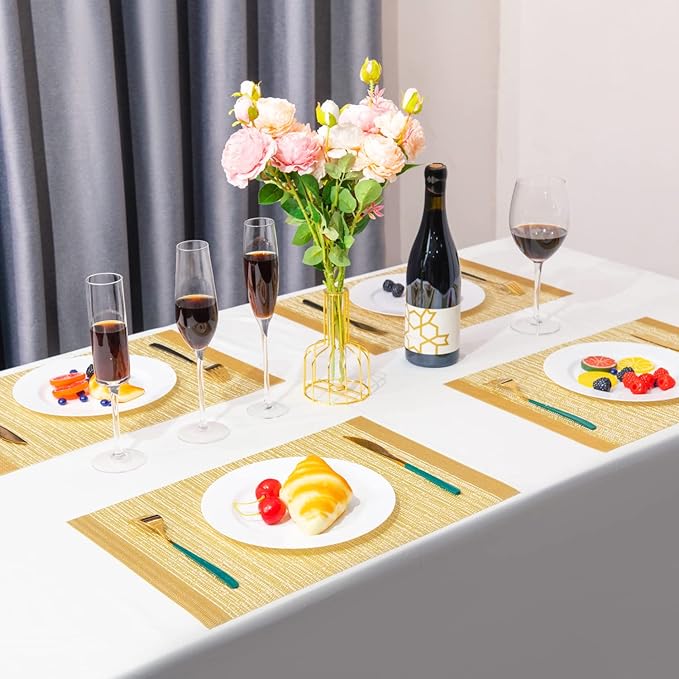 Placemats,PlasticVinyl Washable Heat-Resistant Durable PVC Non-Slip Woven for Kitchen Dining Table Mats (Set of 6, Gold)