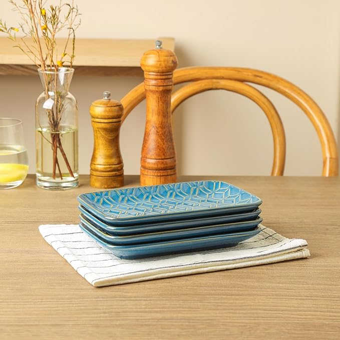 Sureasy Ceramic Salad Plates, Rectangular Appetizer Plates 8 inch, Small Serving Plates for Entertaining, Small Dinner Plates Set for Dessert, Sushi, Embossed Porcelain Dish, Set of 4, Blue